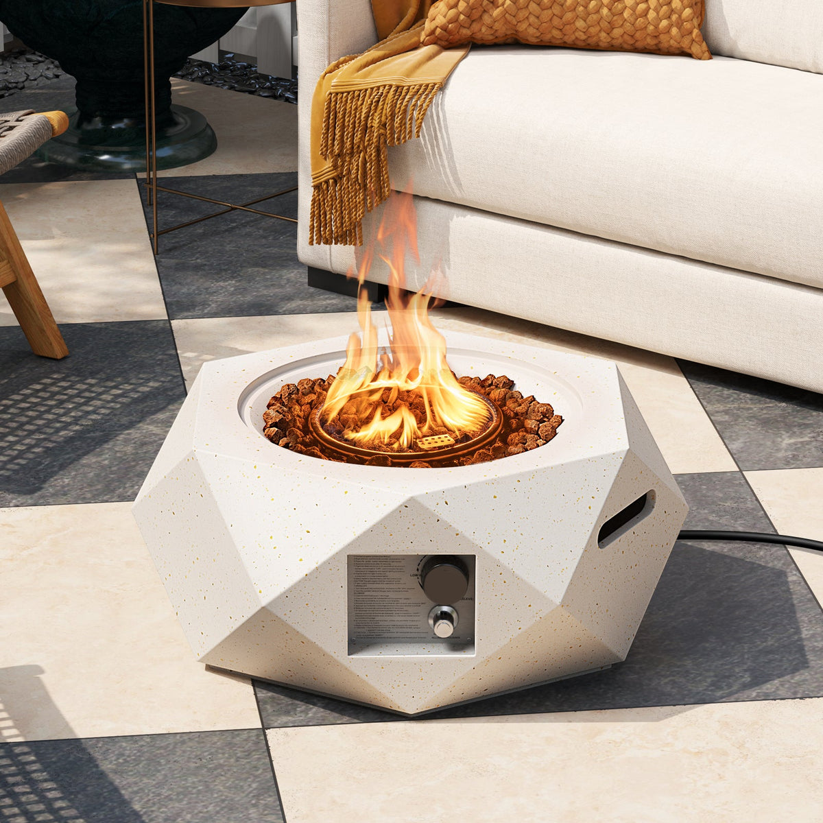 40000 BTU 28 Inch Hexagon Terrazzo Propane Fire Pit Table with Stainless Steel Burner