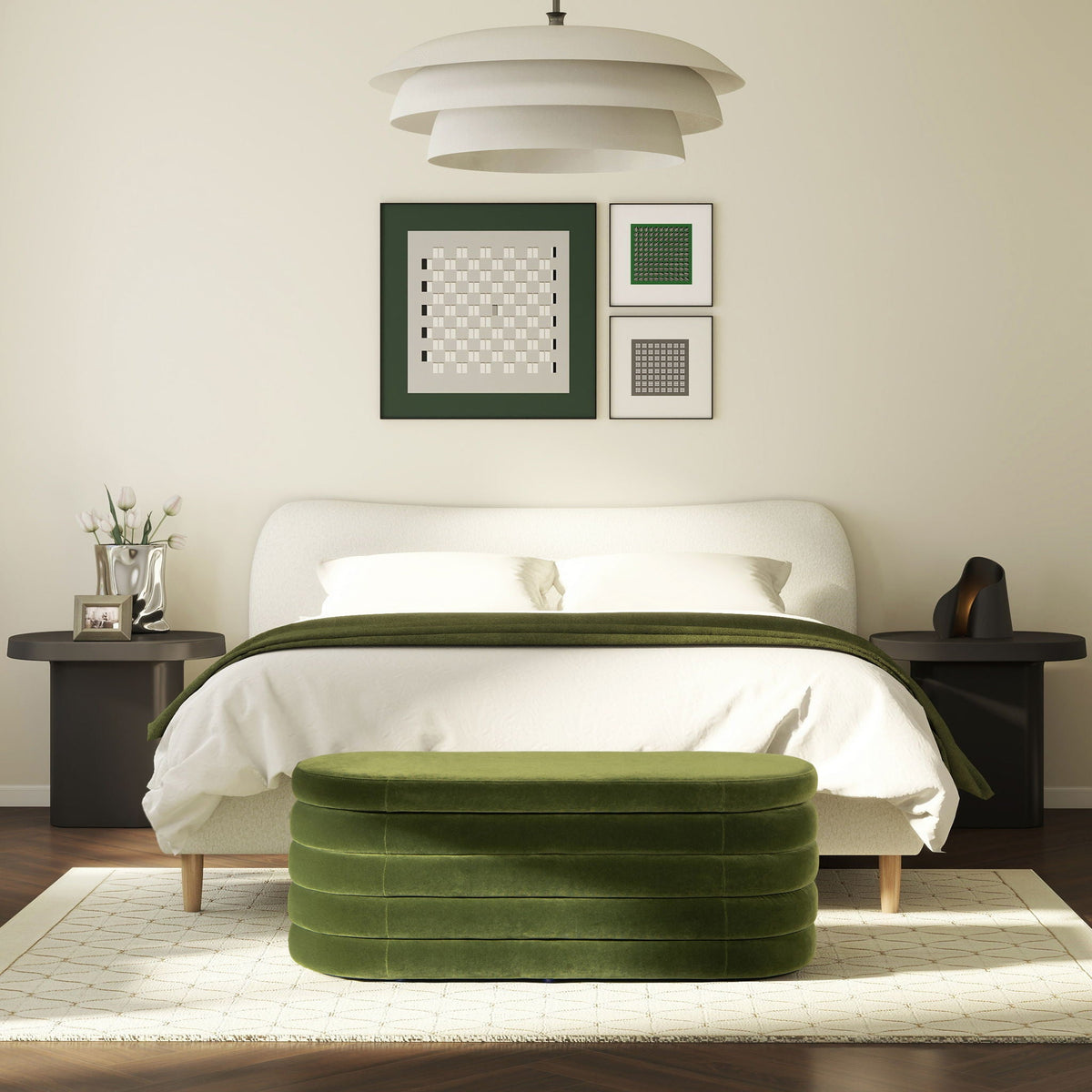 Upholstered Oval Storage Bench with Hidden Storage - Black, White or Dark Green