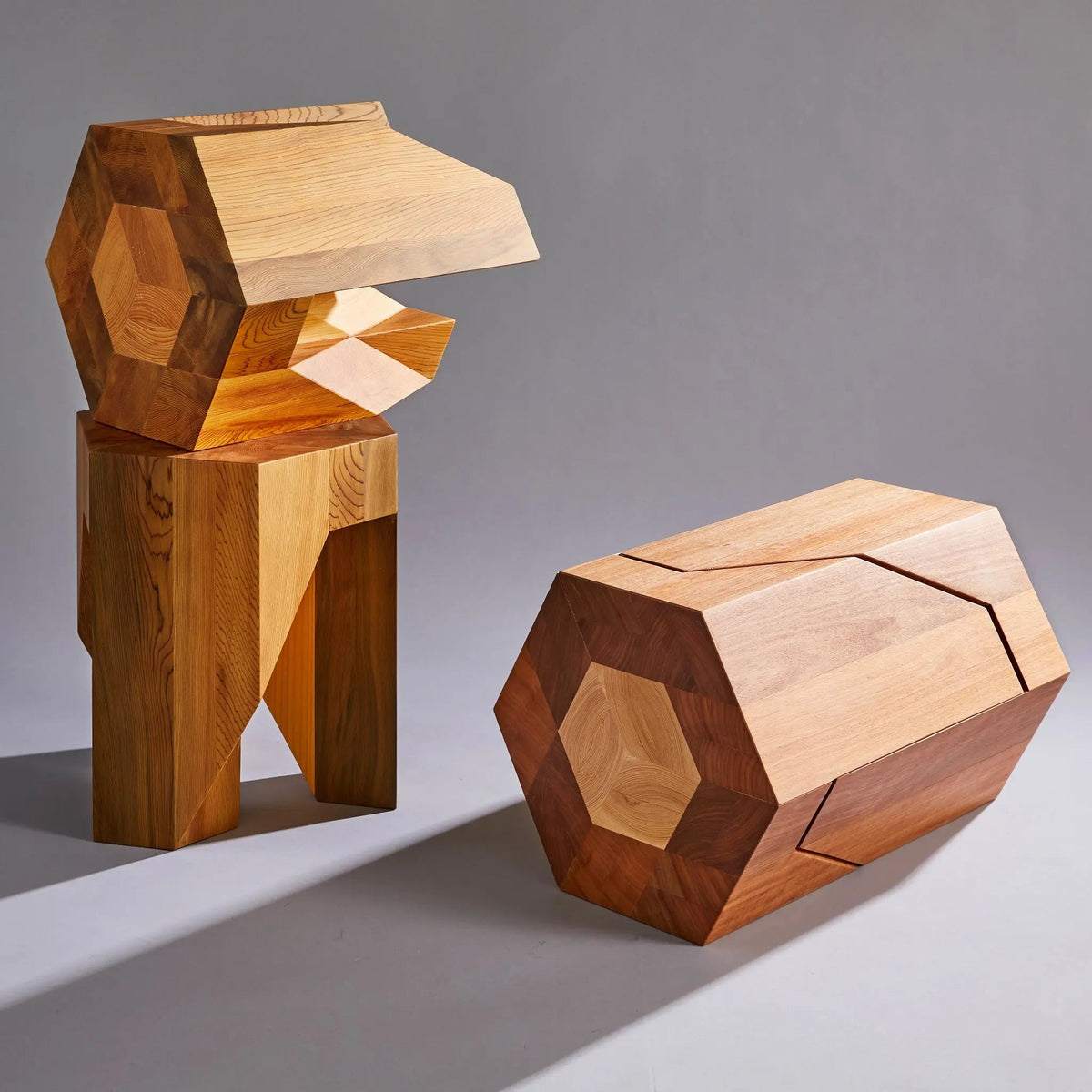 Yosegi Wood Stool Pair - Japanese Craftsmanship